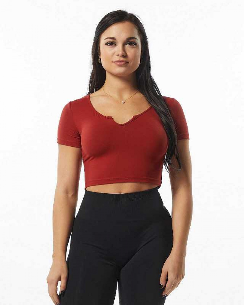 Red Women's Alphalete Ultrasoft Pinnacle Short Sleeve Shirts | UAE-745689