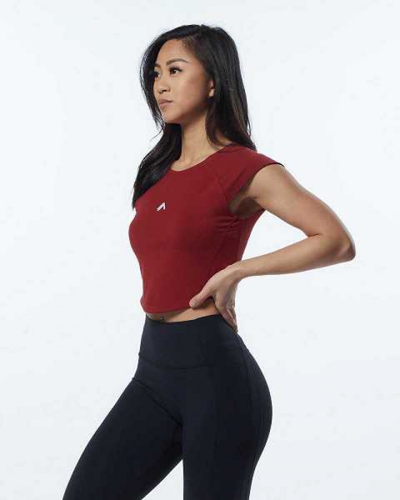 Red Women's Alphalete Velocity Crop Short Sleeve Shirts | UAE-091824