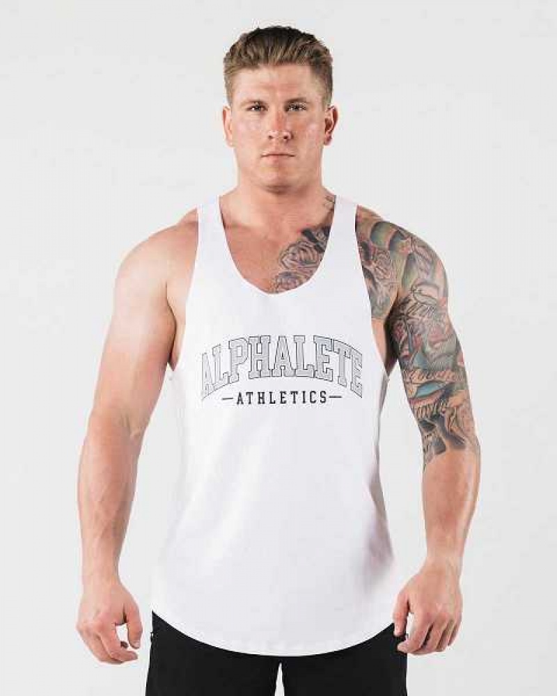 White Men\'s Alphalete AA Raw Cut Tanks | UAE-673415