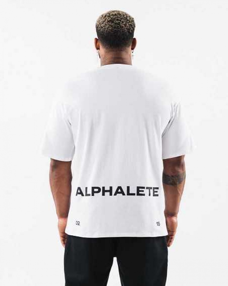 White Men's Alphalete Brushed Crest Short Sleeve Shirts | UAE-043789