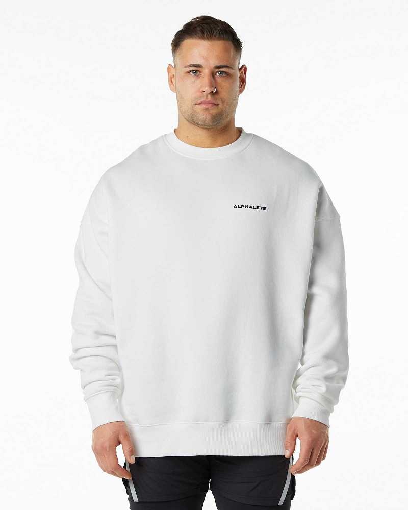 White Men's Alphalete Classic Crew Sweater | UAE-814205