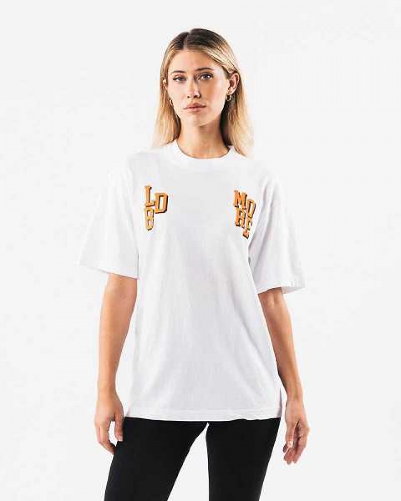 White Men's Alphalete LDB More Letter Short Sleeve Shirts | UAE-321956