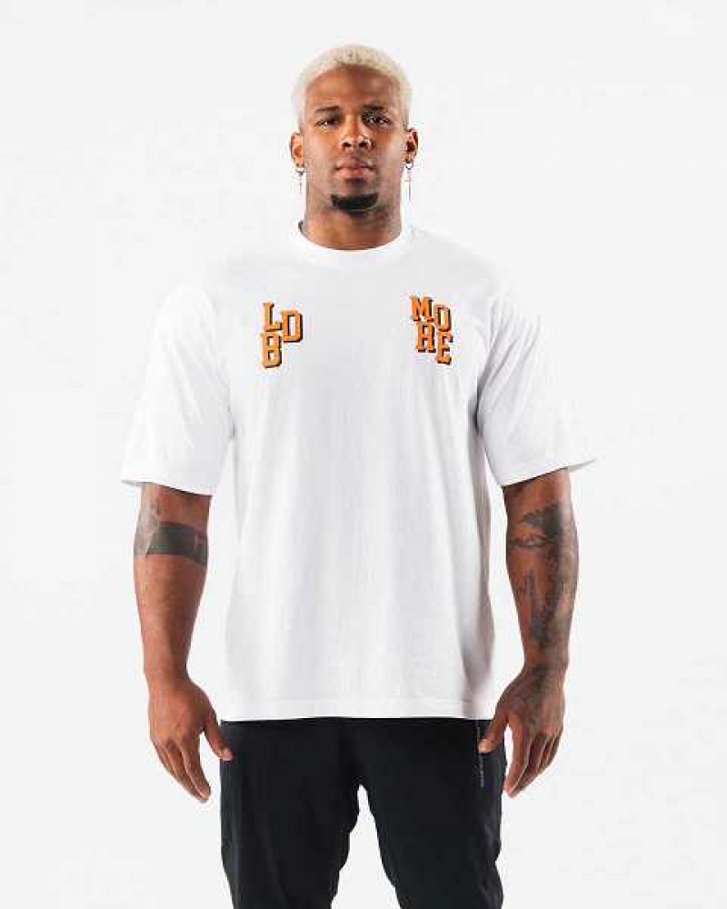 White Men's Alphalete LDB More Letter Short Sleeve Shirts | UAE-321956