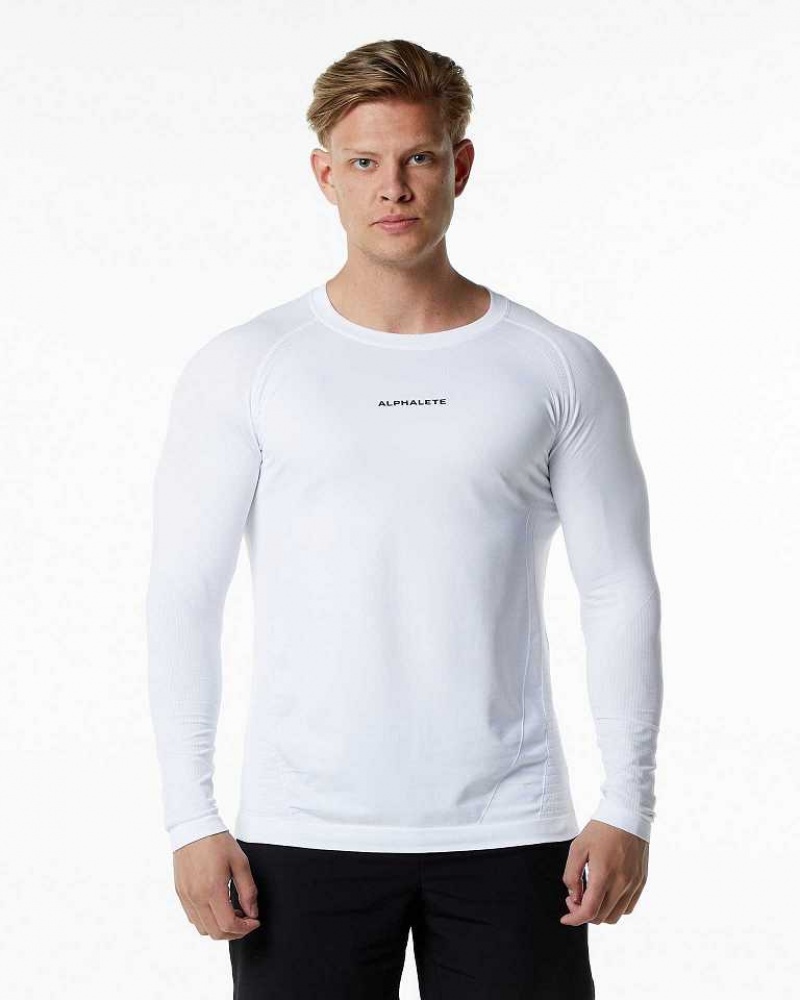 White Men\'s Alphalete Ozone LS Long Sleeve Shirts | UAE-630157