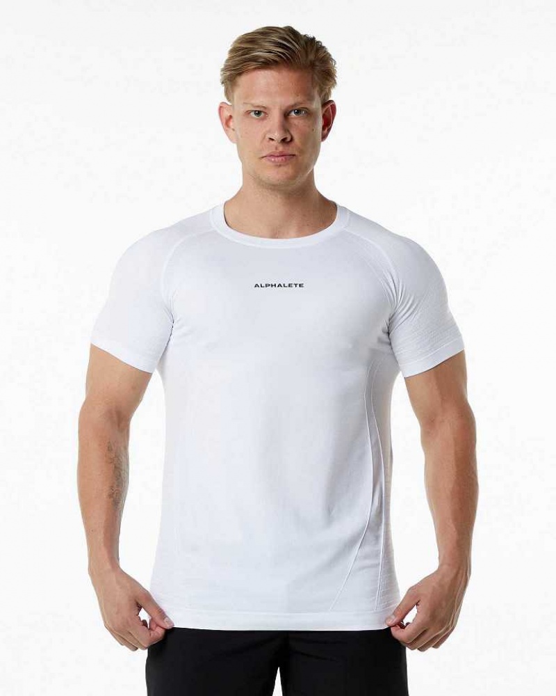 White Men\'s Alphalete Ozone Short Sleeve Shirts | UAE-560913