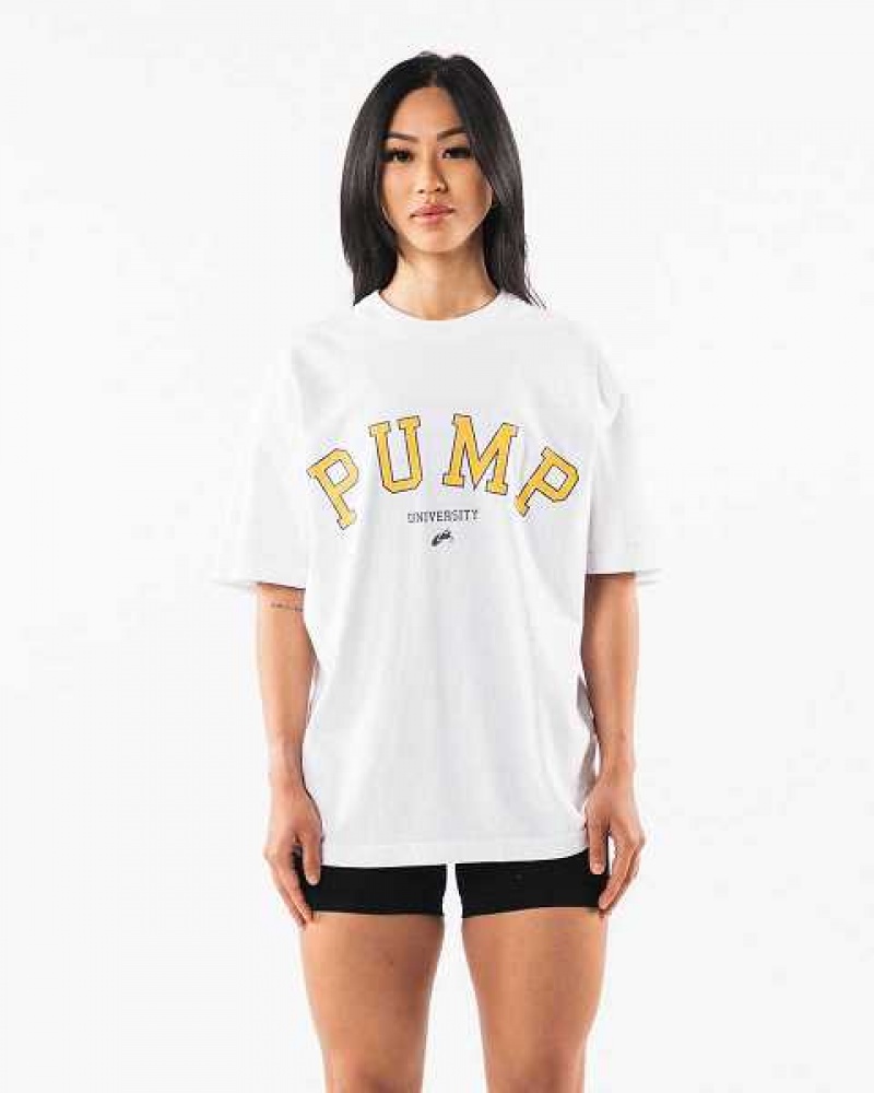 White Men's Alphalete Pump University Short Sleeve Shirts | UAE-651432