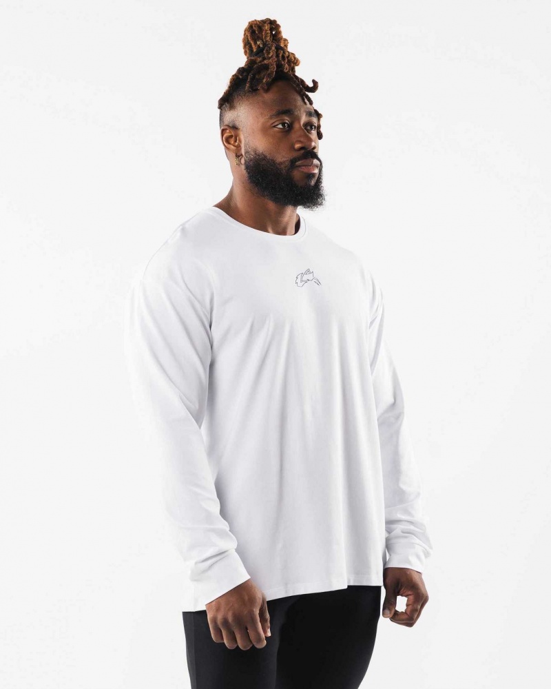 White Men's Alphalete Wolf Head LS Long Sleeve Shirts | UAE-501743