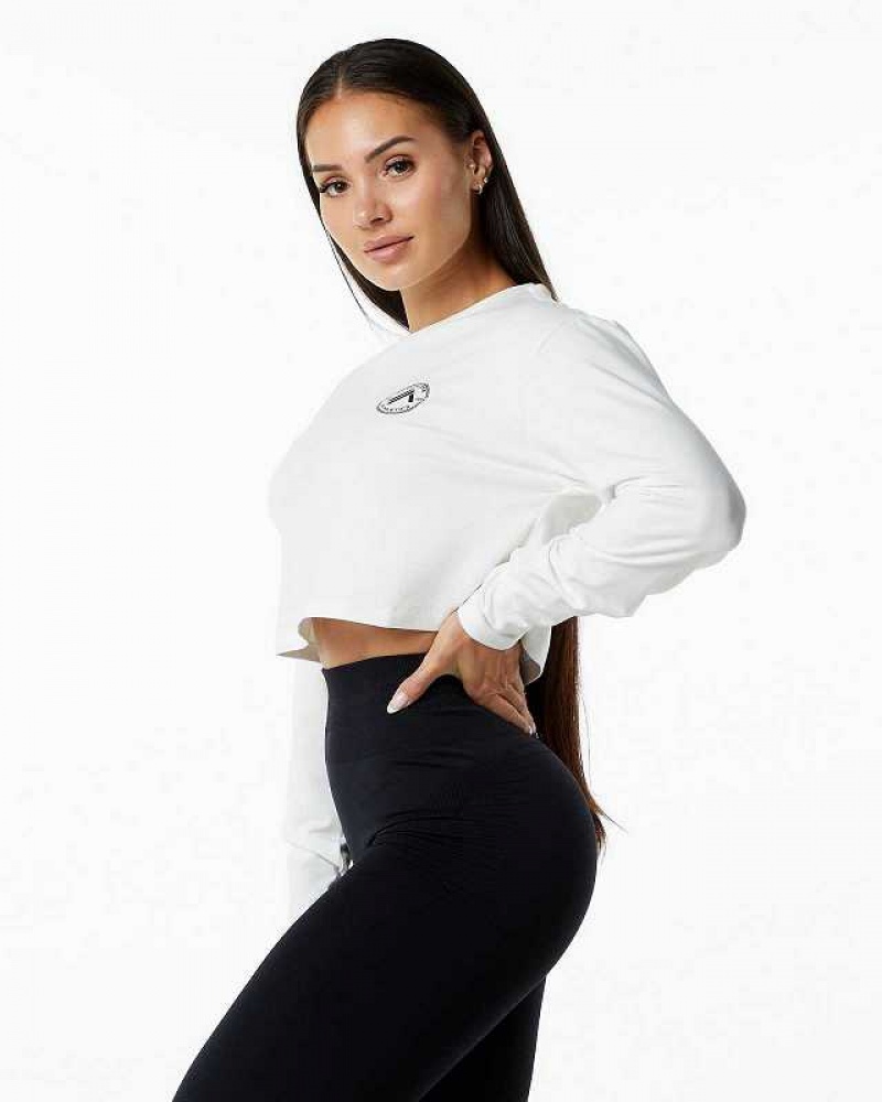 White Women's Alphalete Dynasty LS Crop Long Sleeve Shirts | UAE-845362