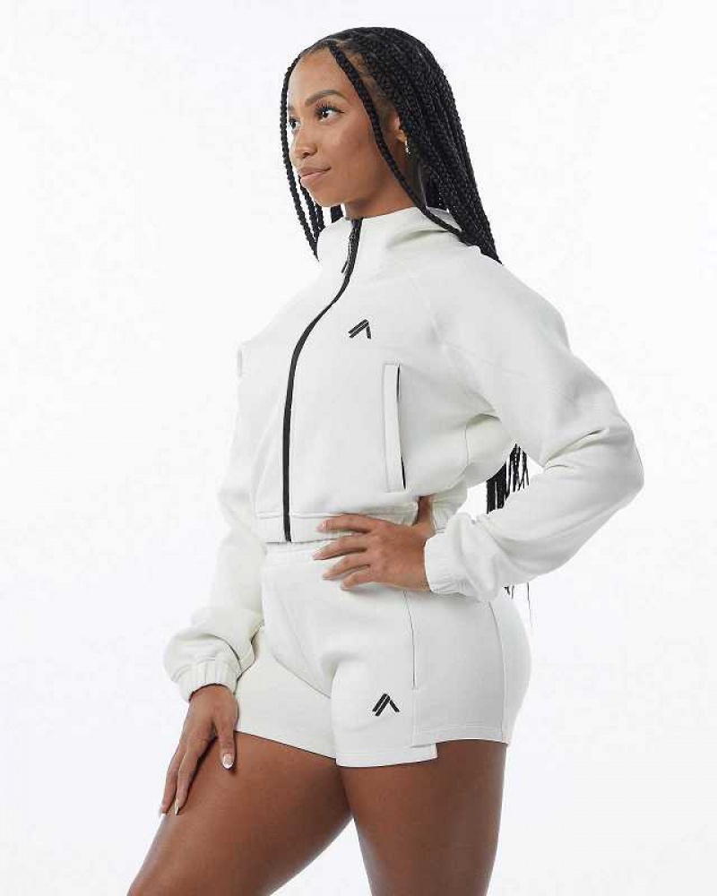 White Women's Alphalete ELMTS Full-Zip Crop Jackets | UAE-817654