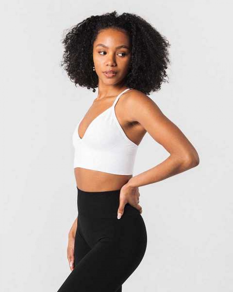 White Women's Alphalete Seamless Ribbed Sports Bra | UAE-819325