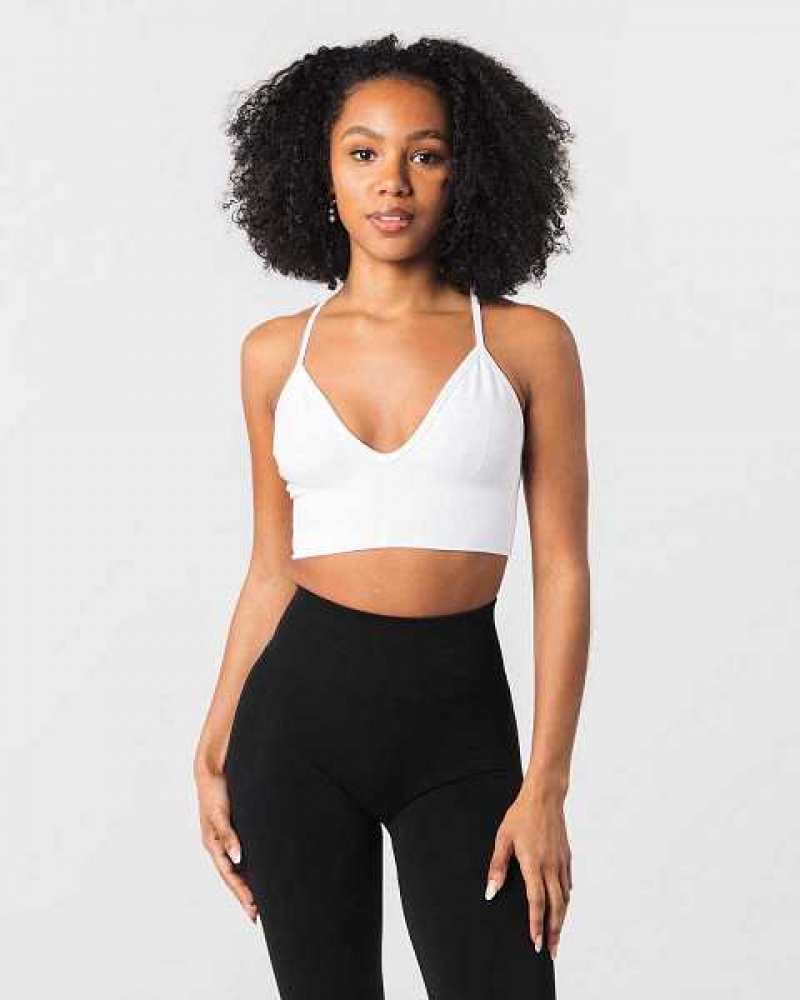 White Women\'s Alphalete Seamless Ribbed Sports Bra | UAE-819325