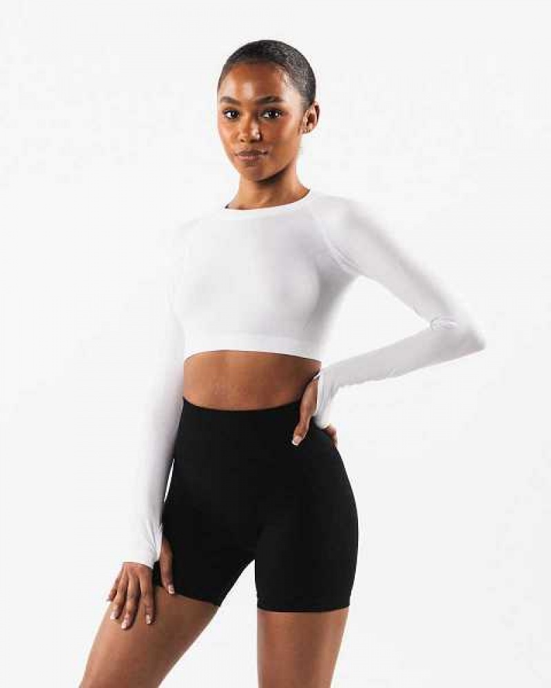 White Women's Alphalete Stratus LS Crop Long Sleeve Shirts | UAE-257498