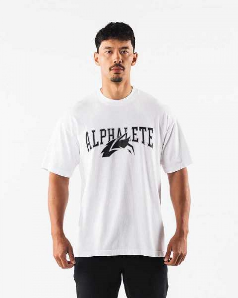 White / Black Men's Alphalete Wolf Head Short Sleeve Shirts | UAE-728345