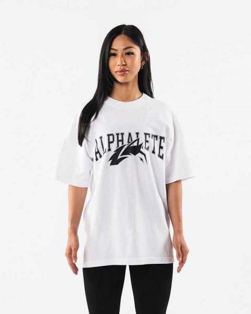 White / Black Men's Alphalete Wolf Head Short Sleeve Shirts | UAE-728345